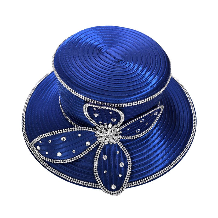 Elegant Rhinestone Trim Embellished Floral Bow Accent Wide Brim Statement Dressy Hat - Especially Yours