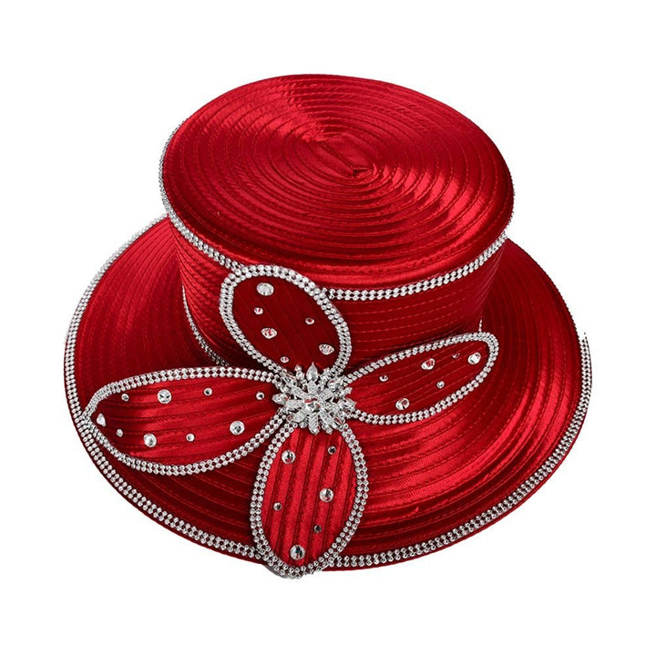 Elegant Rhinestone Trim Embellished Floral Bow Accent Wide Brim Statement Dressy Hat - Especially Yours