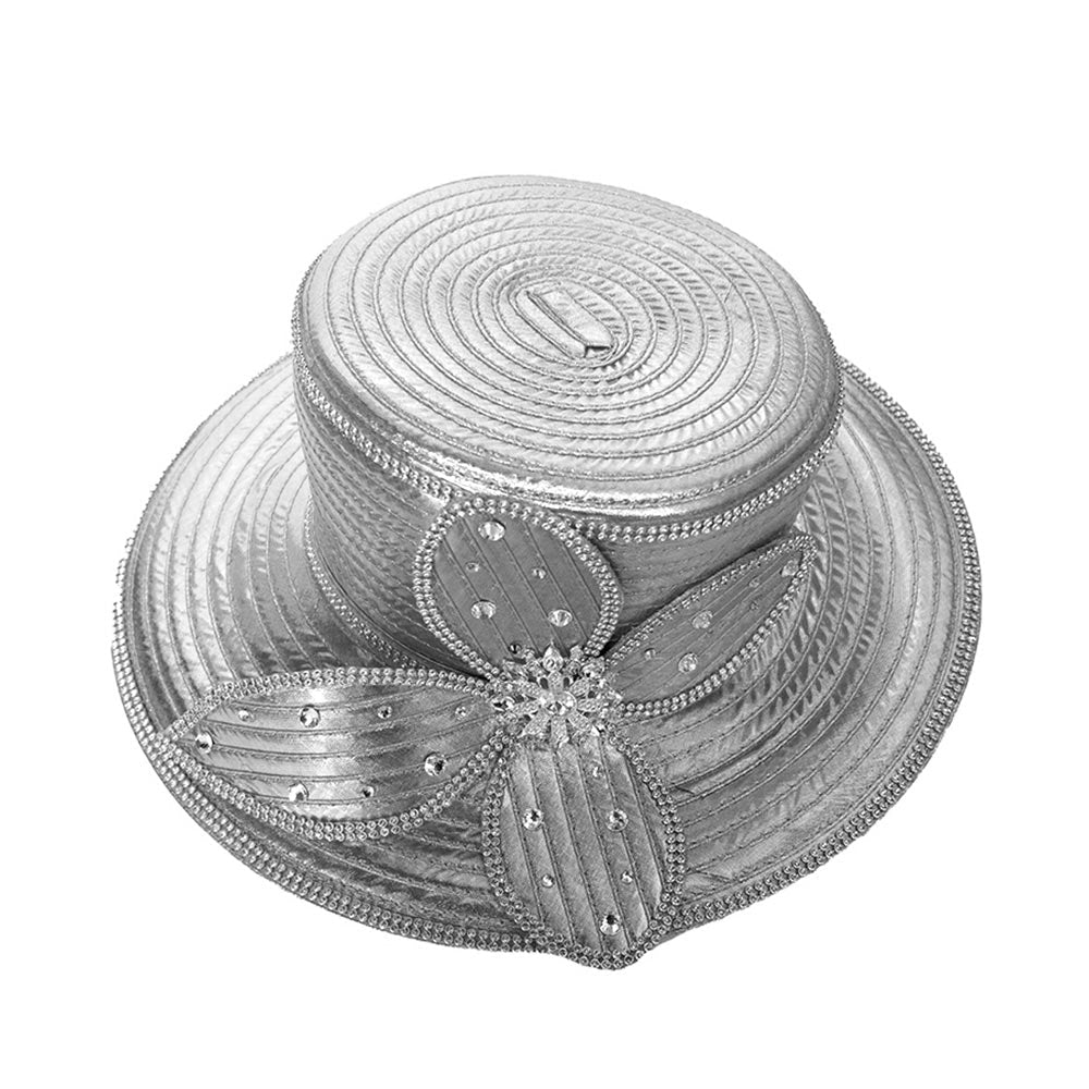Elegant Rhinestone Trim Embellished Floral Bow Accent Wide Brim Statement Dressy Hat - Especially Yours