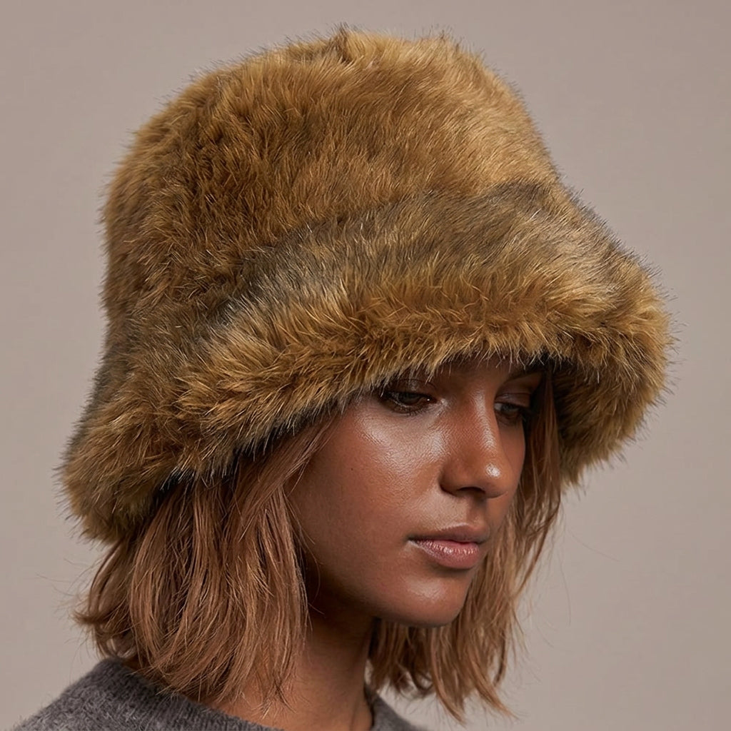Plush Faux Fur Cozy Plain Wide Brim Winter Bucket Hat