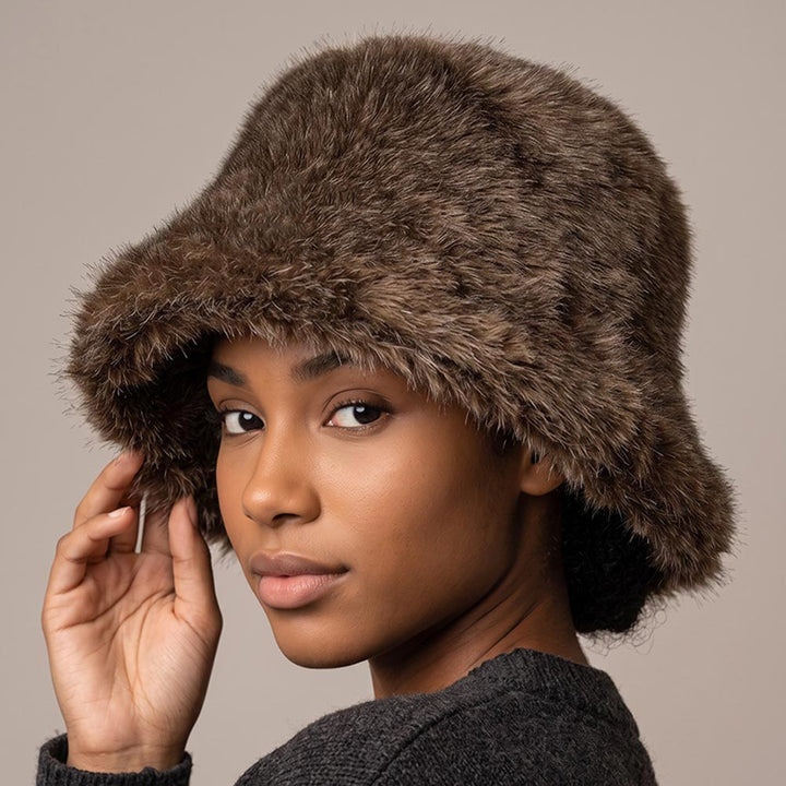 Plush Faux Fur Cozy Plain Wide Brim Winter Bucket Hat