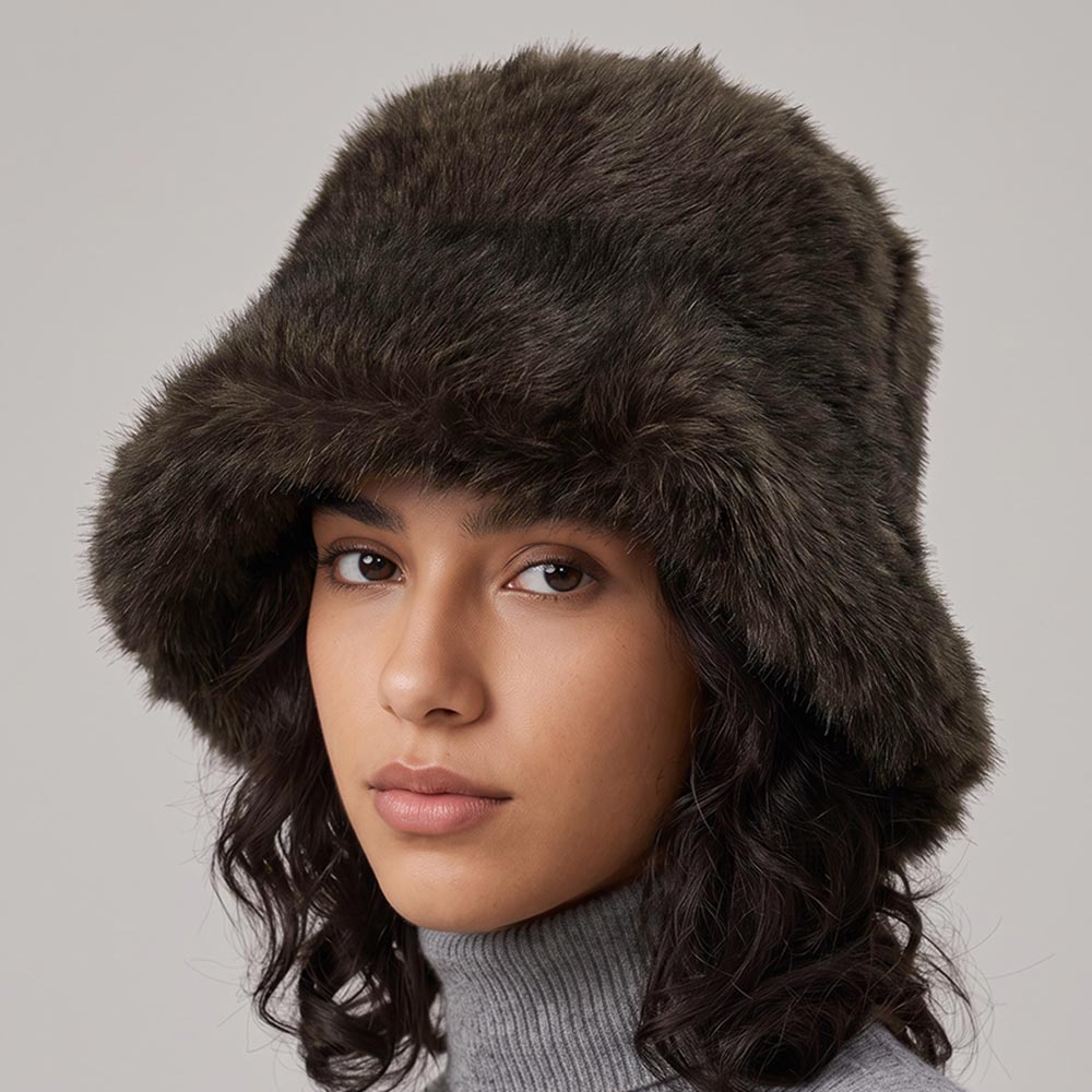 Plush Faux Fur Cozy Plain Wide Brim Winter Bucket Hat
