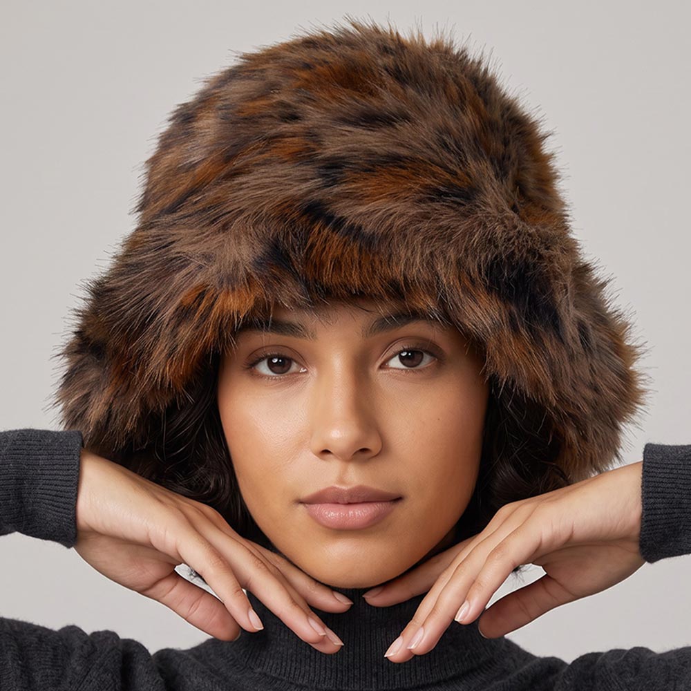 Plush Faux Fur Animal Pattern Wide Brim Winter Bucket Hat