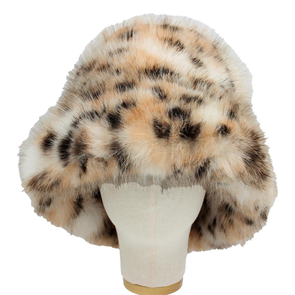 Plush Faux Fur Animal Pattern Wide Brim Winter Bucket Hat