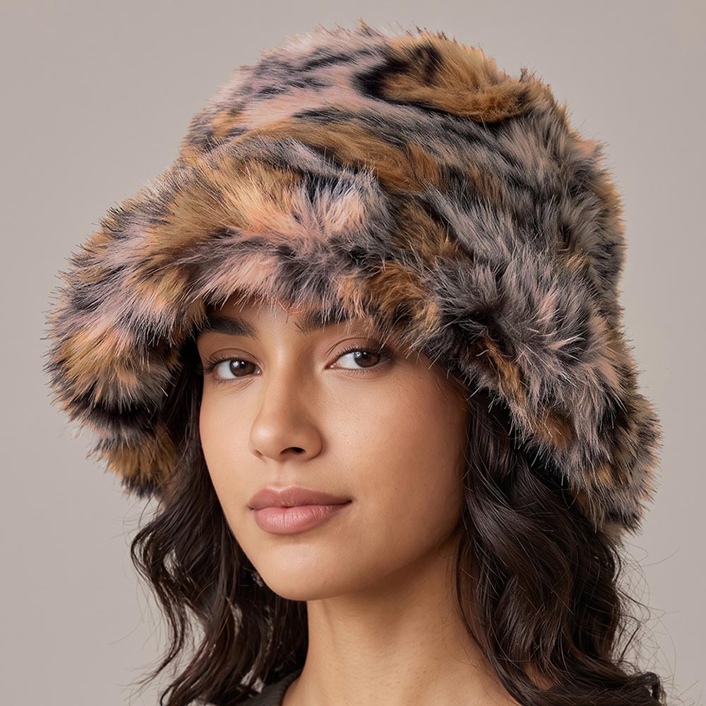 Plush Faux Fur Animal Pattern Wide Brim Winter Bucket Hat