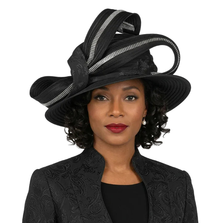 Rhinestone-Trim Ribbon Loop Wide Brim Occasion Hat