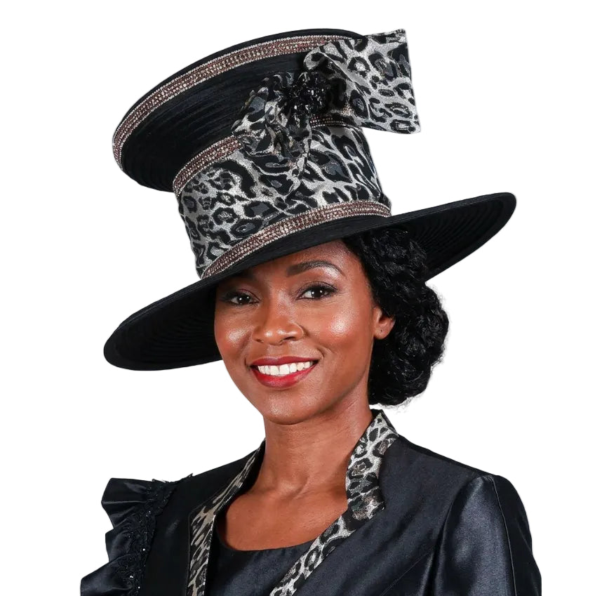 Wide Brim High Crown Hat w/ Anml Prt Bow&Stones