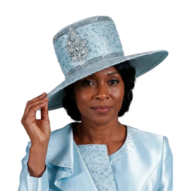 Wide Brim Hat w/ Stones and Sequined Lace Trim