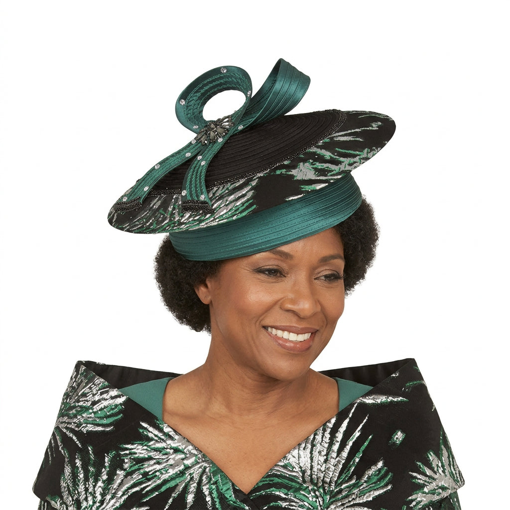 Emerald Black Couture Hat with Sculpted Loops