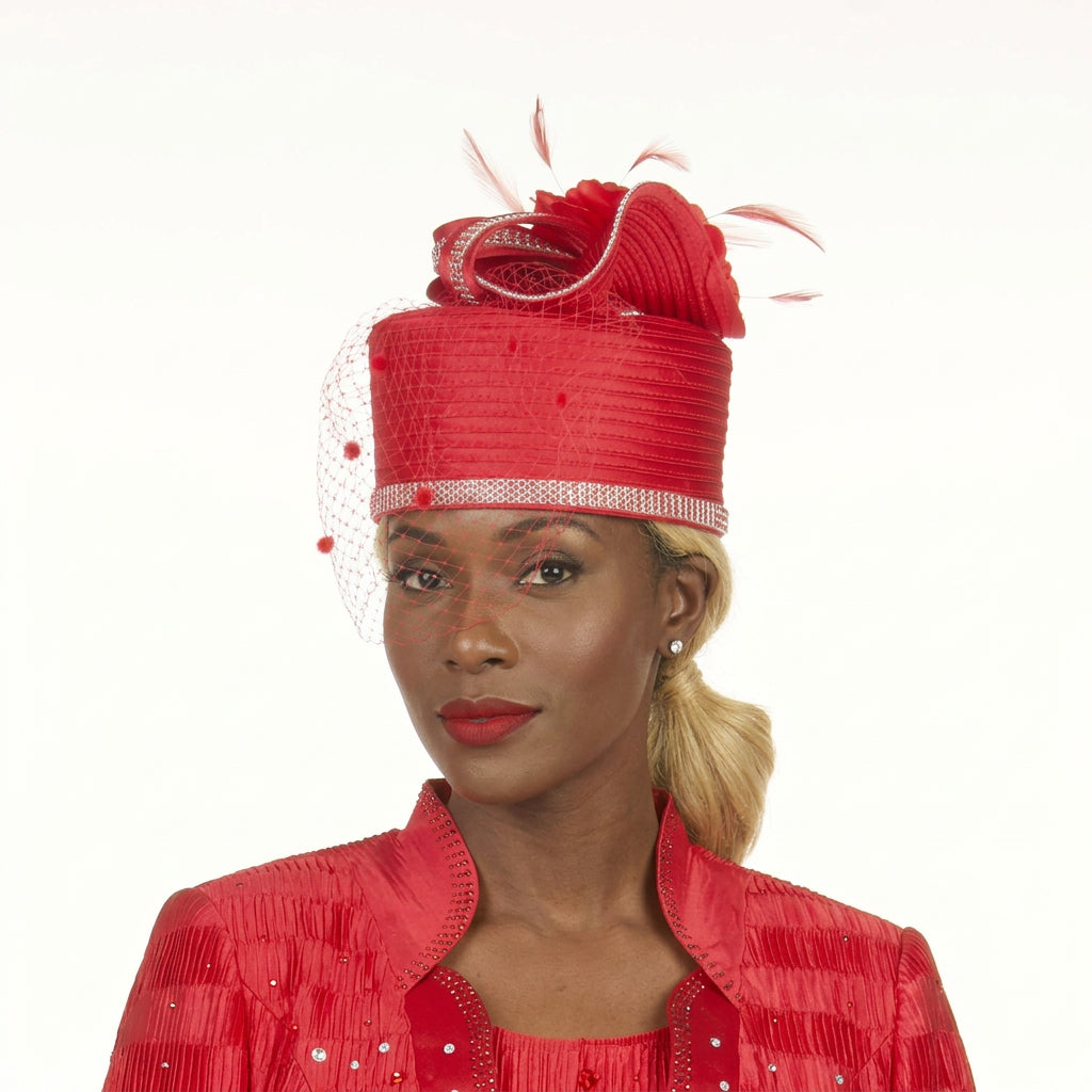 Sculpted Pillbox Hat with Veil & Feather Detail