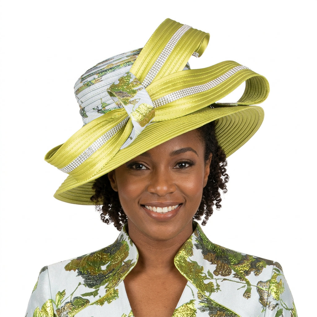 Luxury Olive Metallic Floral Detail Statement Hat