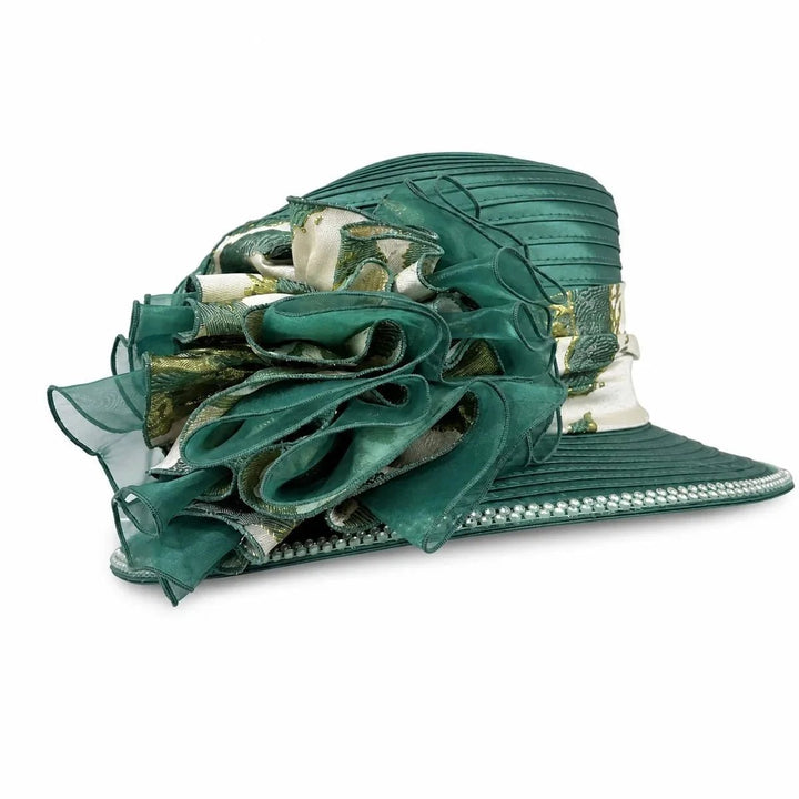 Regal Ruffle Brocade Med-Brim Hat w/ Crystal Trim - Especially Yours