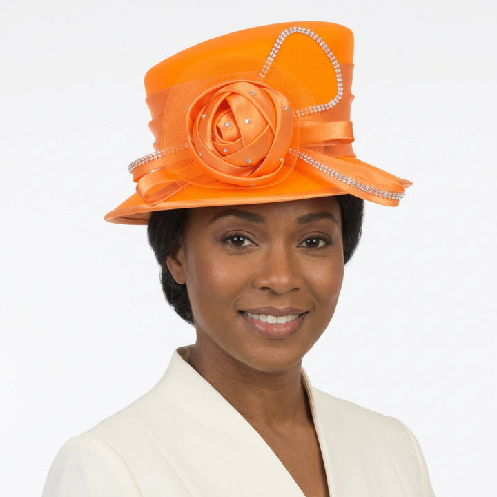 Silky Twill Small Brim Hat w/ Rose and Rhinestone