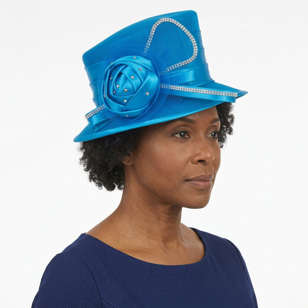 Silky Twill Small Brim Hat w/ Rose and Rhinestone