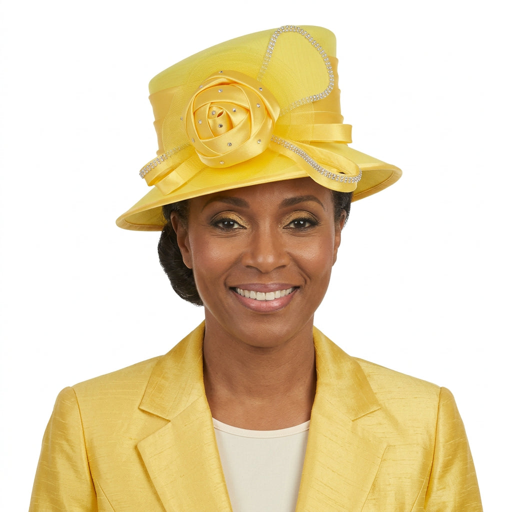 Silky Twill Small Brim Hat w/ Rose and Rhinestone