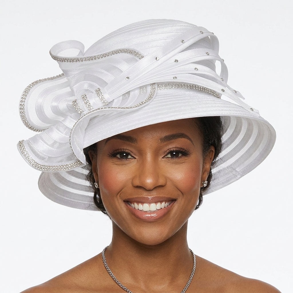 Elegant Rhinestone Swirl Rosette Medium Brim Hat