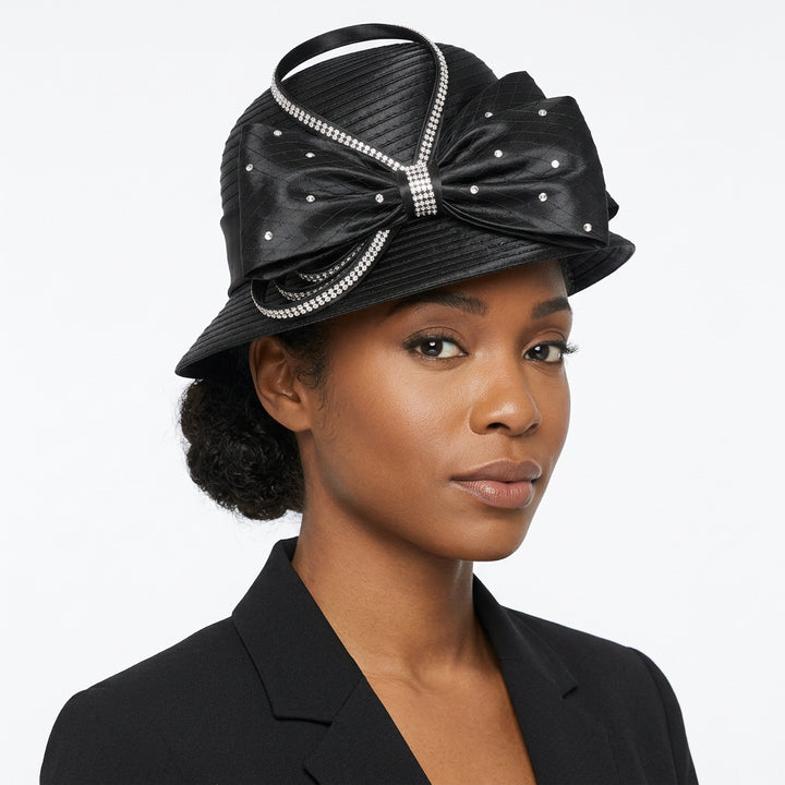 Jeweled Statement Bow Medium-Brim Ribbon Hat