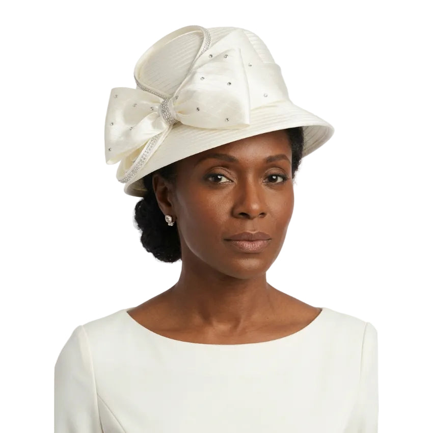 Jeweled Statement Bow Medium-Brim Ribbon Hat