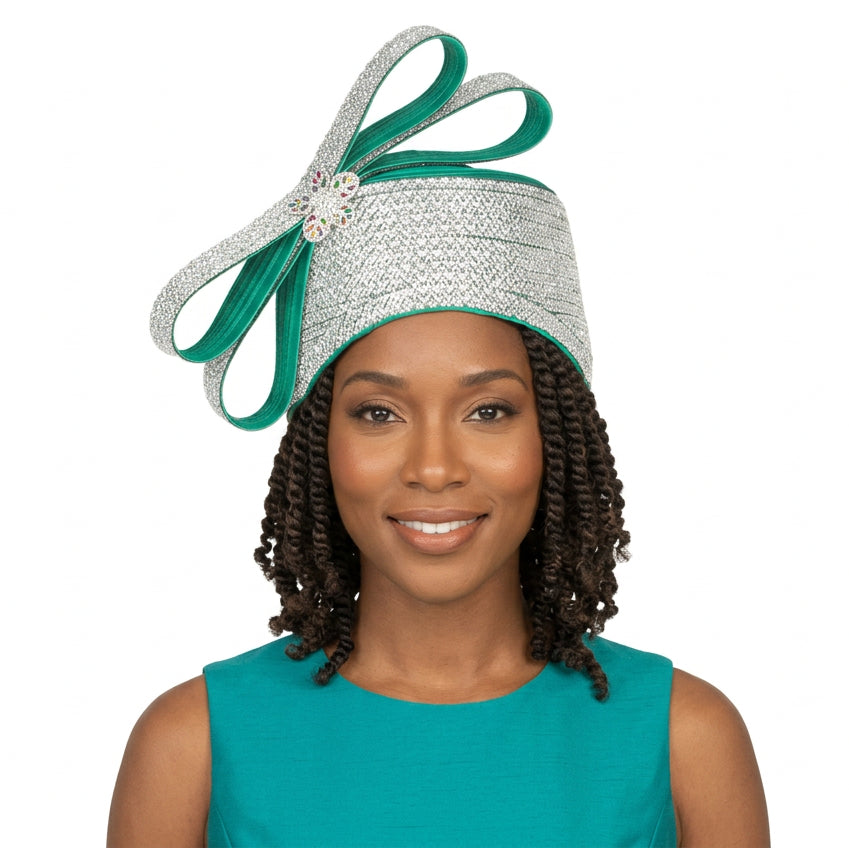 Massive Stoned Pillbox Hat w/ Stoned Ribbon Bow
