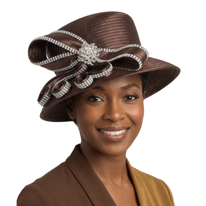 Rhinestone Bow&Crystal Brooch Medium-Brim Hat