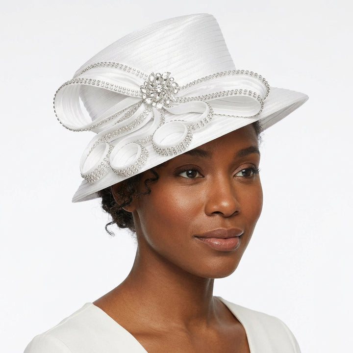 Rhinestone Bow&Crystal Brooch Medium-Brim Hat