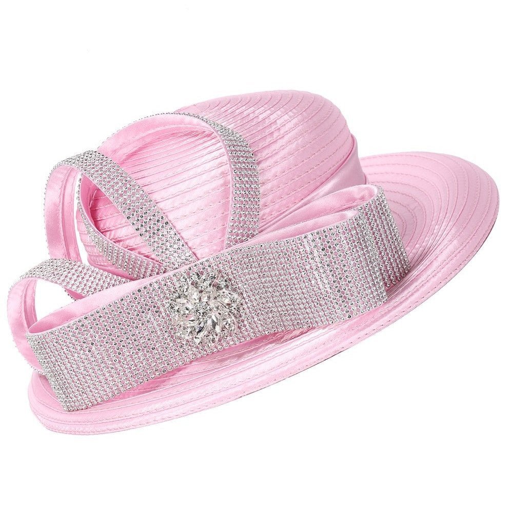 Rhinestone Sash Bow&Crystal Brooch Wide-Brim Hat - Especially Yours