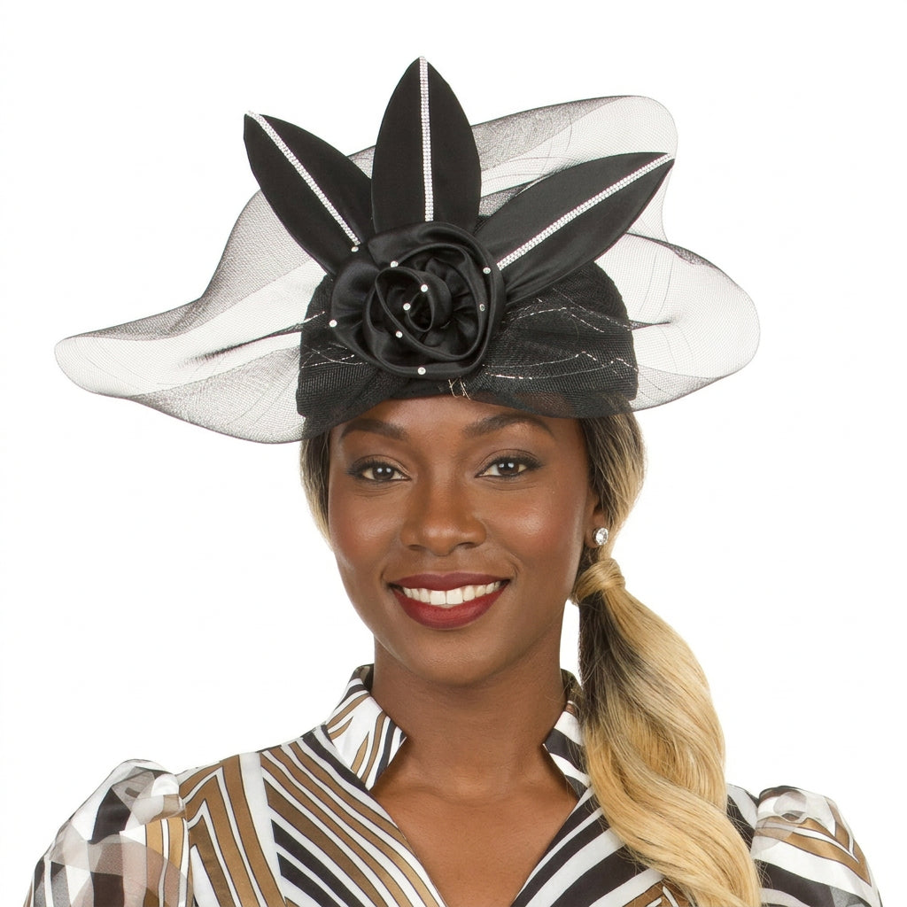 Pillbox Hat with Veil & Petal Rosette
