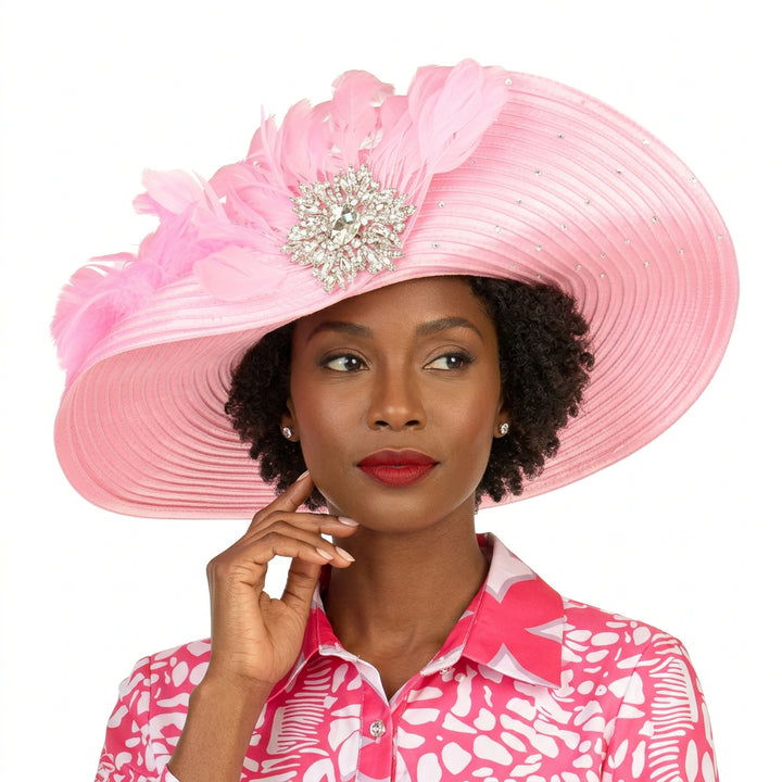 Wide Brim Embellished Hat w/ Feathers and Brooch