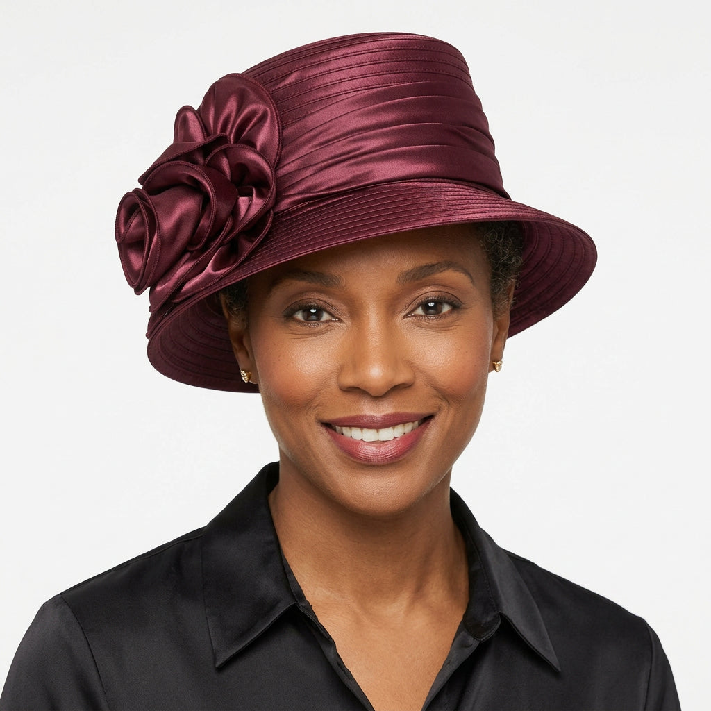 Satin Ribbon Small Brim Hat w/ Satin Flower