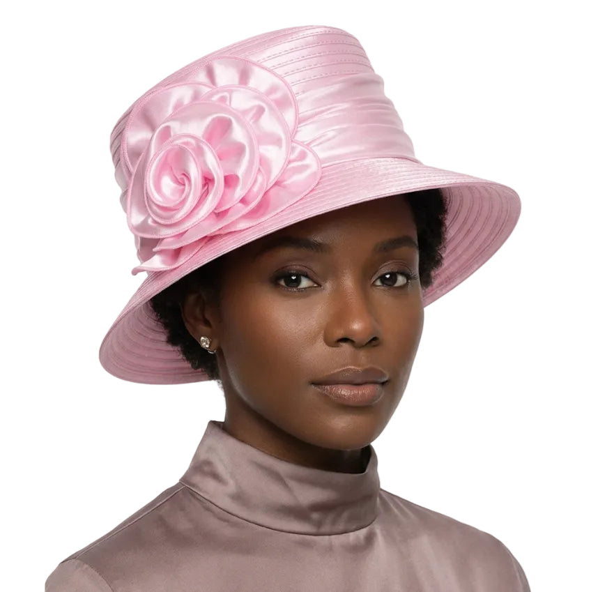 Satin Ribbon Small Brim Hat w/ Satin Flower