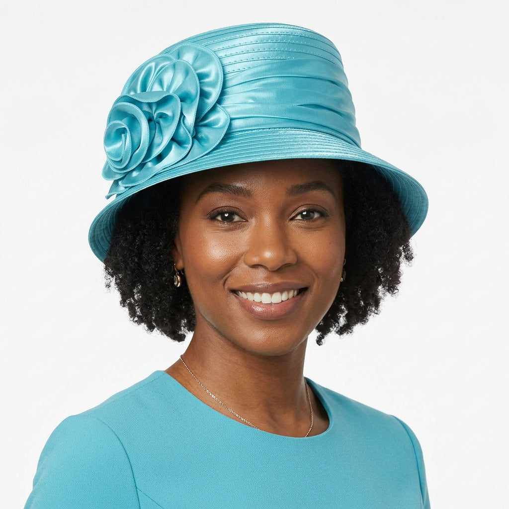 Satin Ribbon Small Brim Hat w/ Satin Flower
