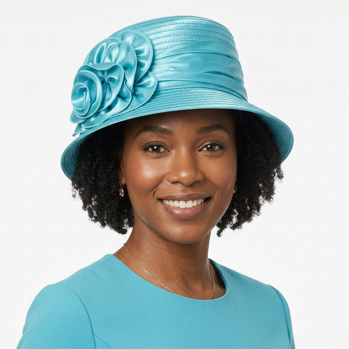 Satin Ribbon Small Brim Hat w/ Satin Flower