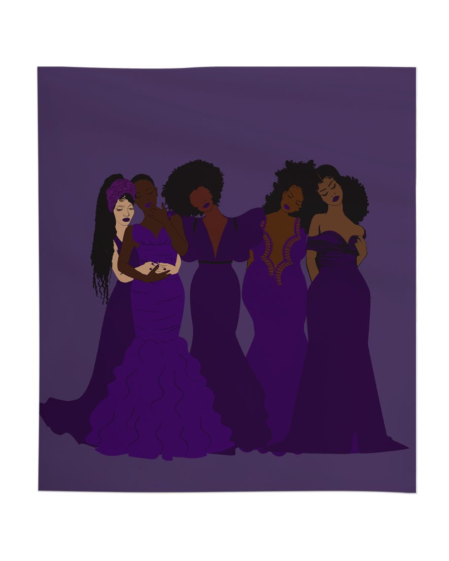 Pardon My Fro Harmony duvet set – five Black women sisterhood with natural hair in flowing purple dresses | EY