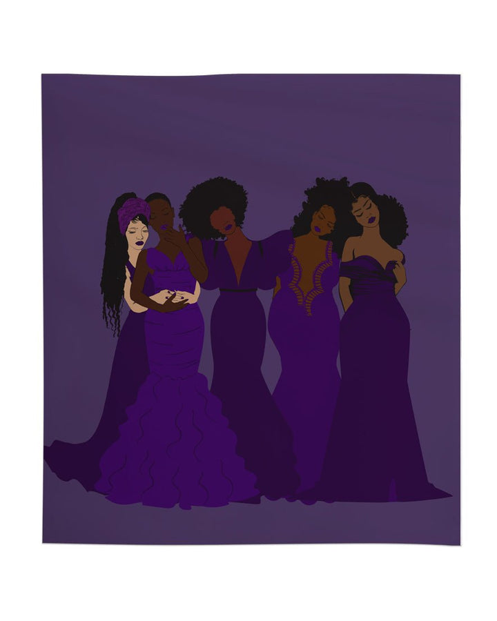 Pardon My Fro Harmony duvet set – five Black women sisterhood with natural hair in flowing purple dresses | EY