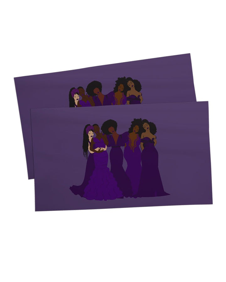 Harmony Pillow Shams by Pardon My Fro – five Black women from behind in elegant purple dresses | EY