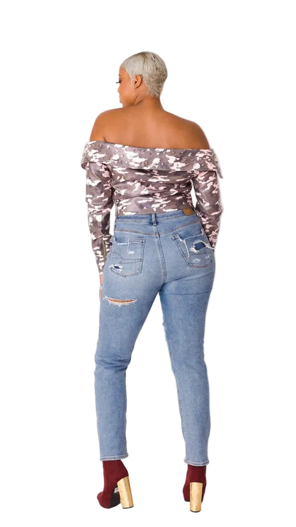 Camo Print Leather Jacket -81923