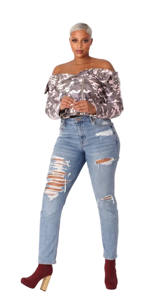 Camo Print Leather Jacket -81923