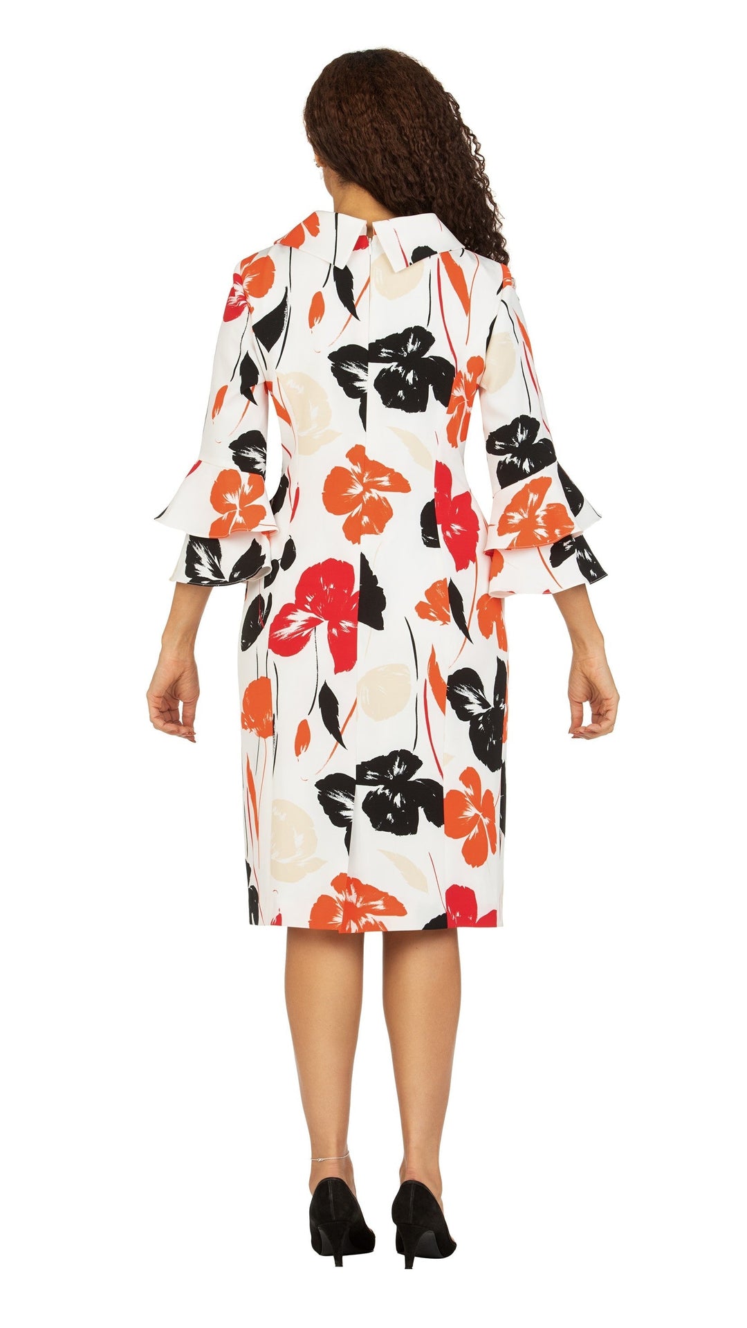 Cowl Neck 3/4 Ruffled Slv Print Drs w/ Brooch