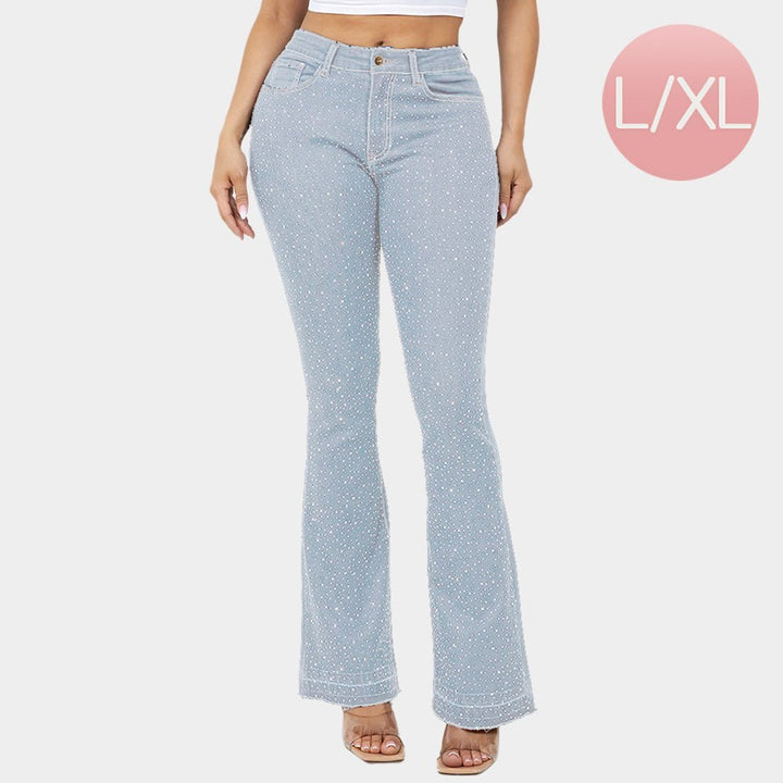 Bling Studded High Waist Skinny Flare Jeans - Especially Yours