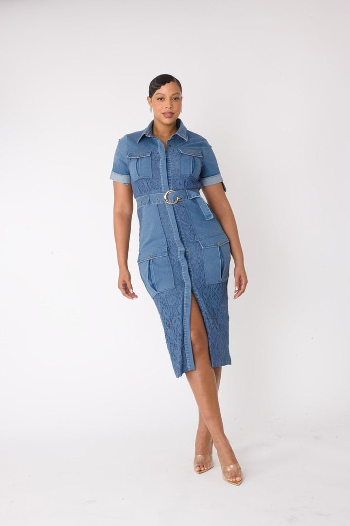 Lace Trimmed Denim Midi Dress - 82746 - Especially Yours