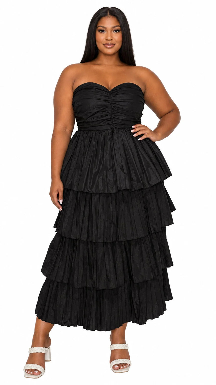 Eleni Strapless Pleated Tiered Dress