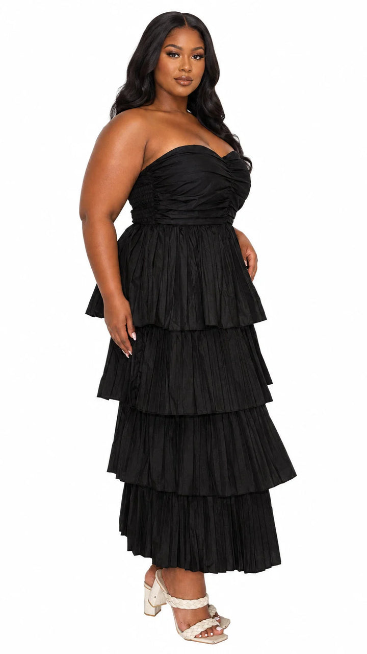 Eleni Strapless Pleated Tiered Dress