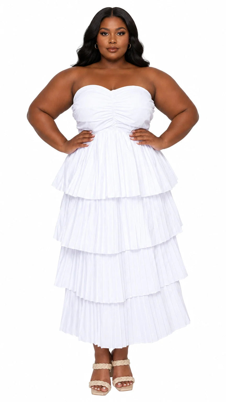 Eleni Strapless Pleated Tiered Dress