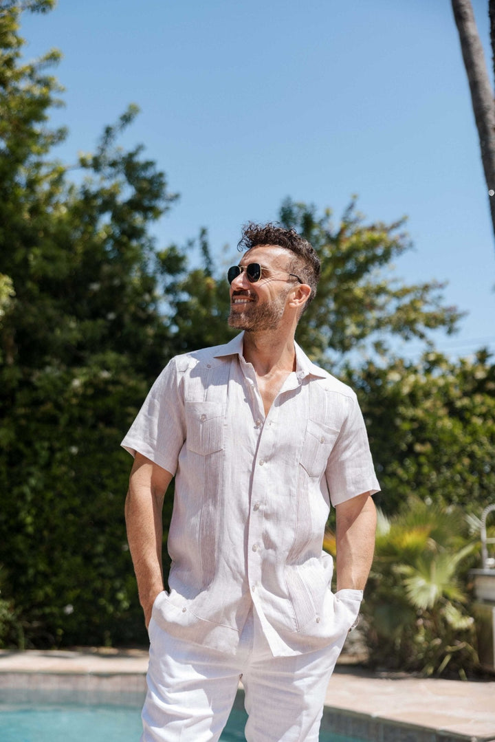 Men's Yarn Dye 100% Linen Guayabera Shirt Short Sleeve 2 Pocket Design - Especially Yours
