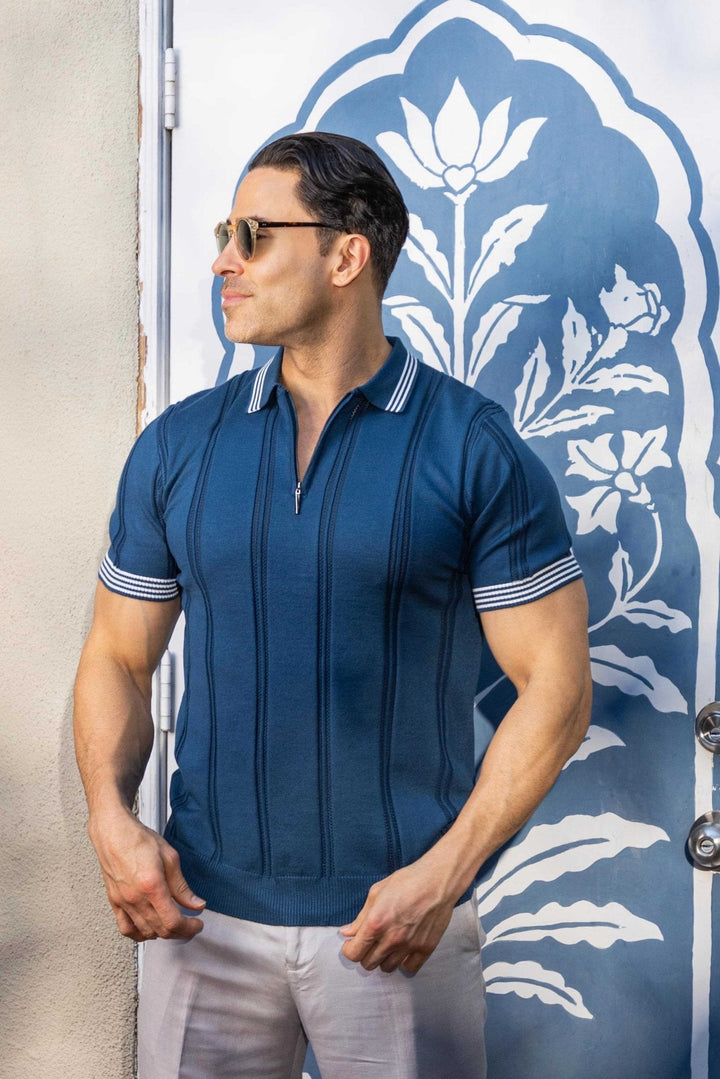Men's Stylish Premium Knit Textured Polo Shirt with Stripe Accents - Especially Yours