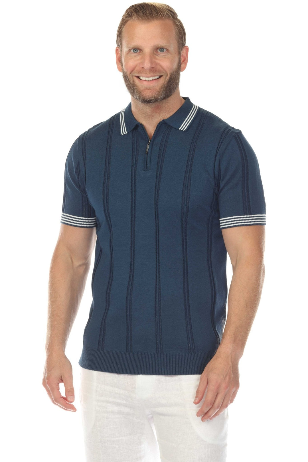 Men's Stylish Premium Knit Textured Polo Shirt with Stripe Accents - Especially Yours