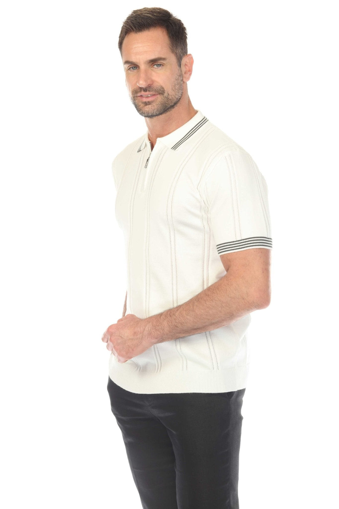 Men's Stylish Premium Knit Textured Polo Shirt with Stripe Accents - Especially Yours