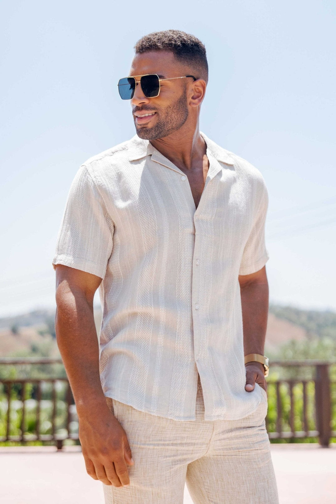 Men's Resort Style Casual Striped Multi - Texture Weave Linen Blend Shirt - Especially Yours