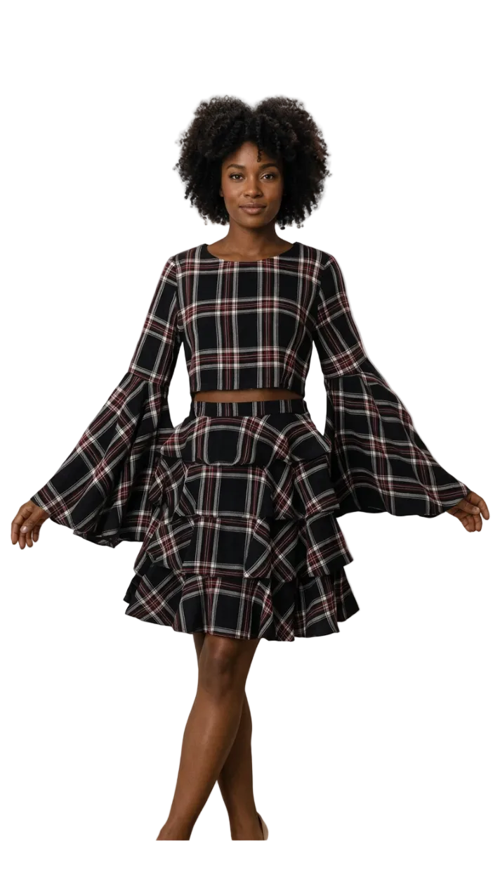 Plaid Bell Sleeve Top -8531