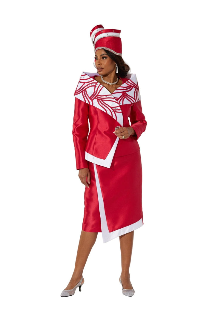 Elegant church suits for ladies featuring an asymmetrical jacket and jewel brooch.